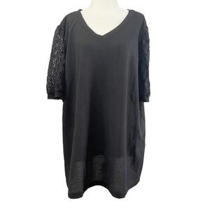 OLRIK NWT Plus Size Women Top Short Sleeve Shirt Lace Waffle Knit Black Sz 3x.